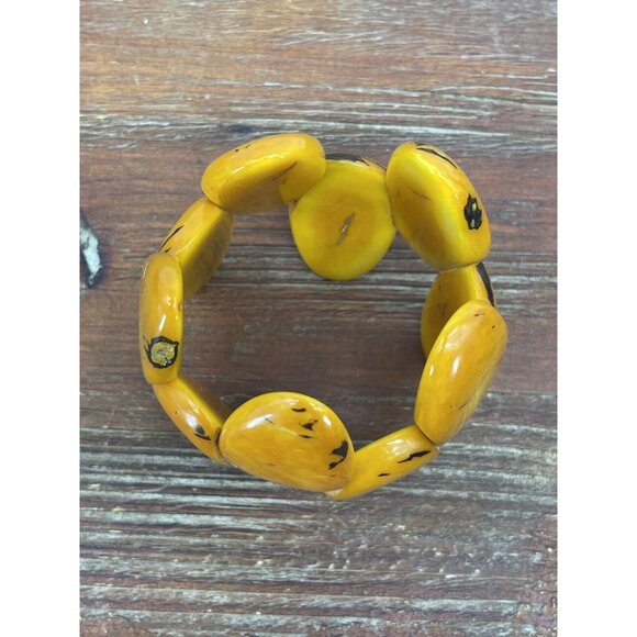 Tagua Nut Wide Cuff Bracelet Orange Almond Shape Handmade Ecuador - Picture 7 of 10